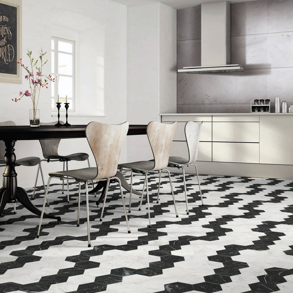 Lucca Black Hexagon Marble Effect Wall and Floor Tile