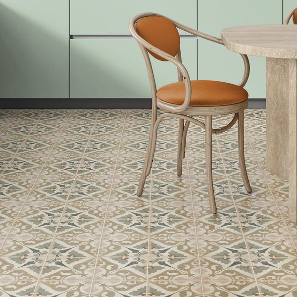 Lifestyle setting featuring vintage-style Moroccan tile in blush pink and sage tones