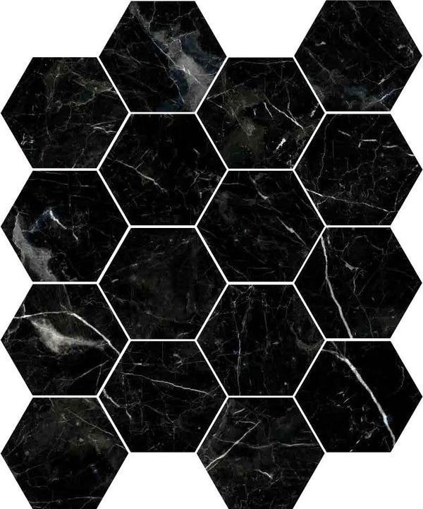 Lucca Black Hexagon Marble Effect Wall and Floor Tile