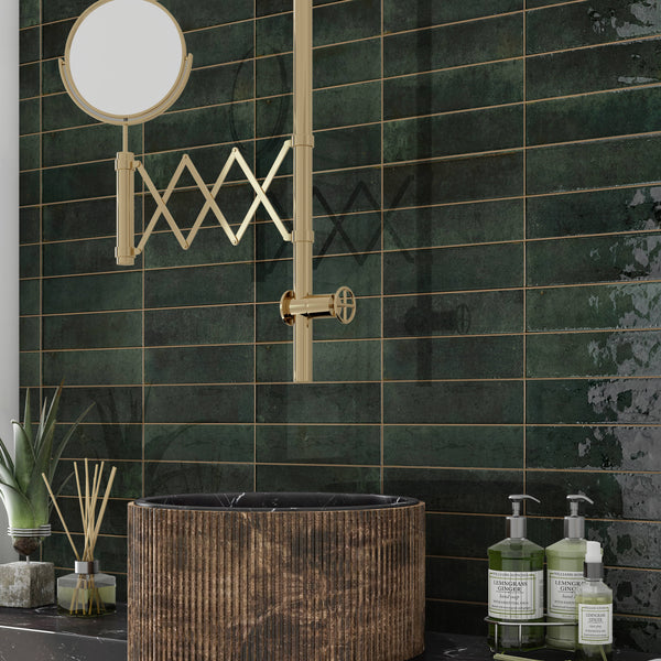 Modern interior featuring vertical green ceramic tile on feature wall