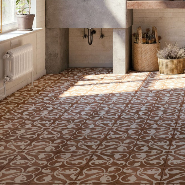 Interior room using bold terracotta and white swirl tiles on wall or floor
