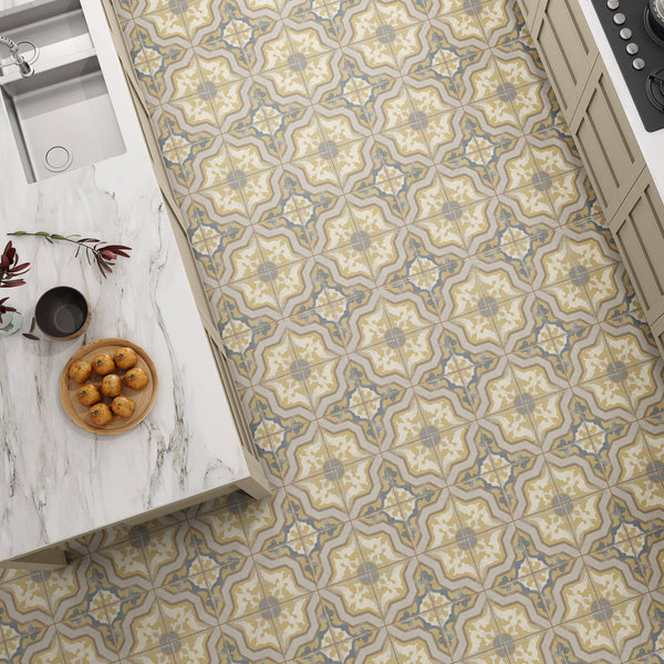 Interior space with yellow and blue patterned heritage tile on floor in kitchen